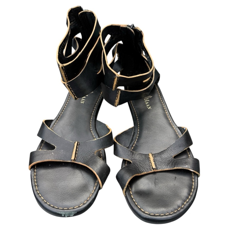 COLE HAAN Black Strappy Flat Sandals Zipper Heel Women's Size 9